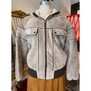 vintage 1980s suede hooded bomber jacket shearling lined 80s menswear medium 40